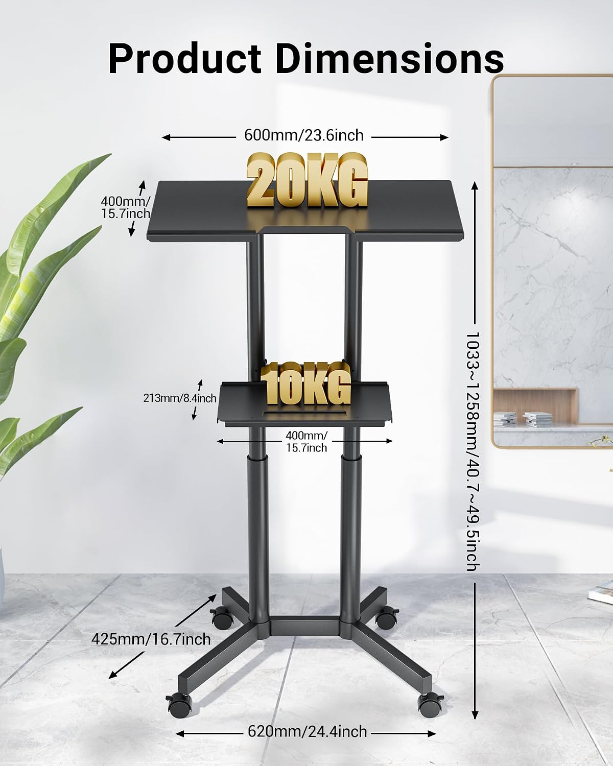 Thumbnail 3 de BONTEC Adjustable Mobile Laptop Desk with Wheels (60x40 cm) – Rolling Stand-Up Workstation