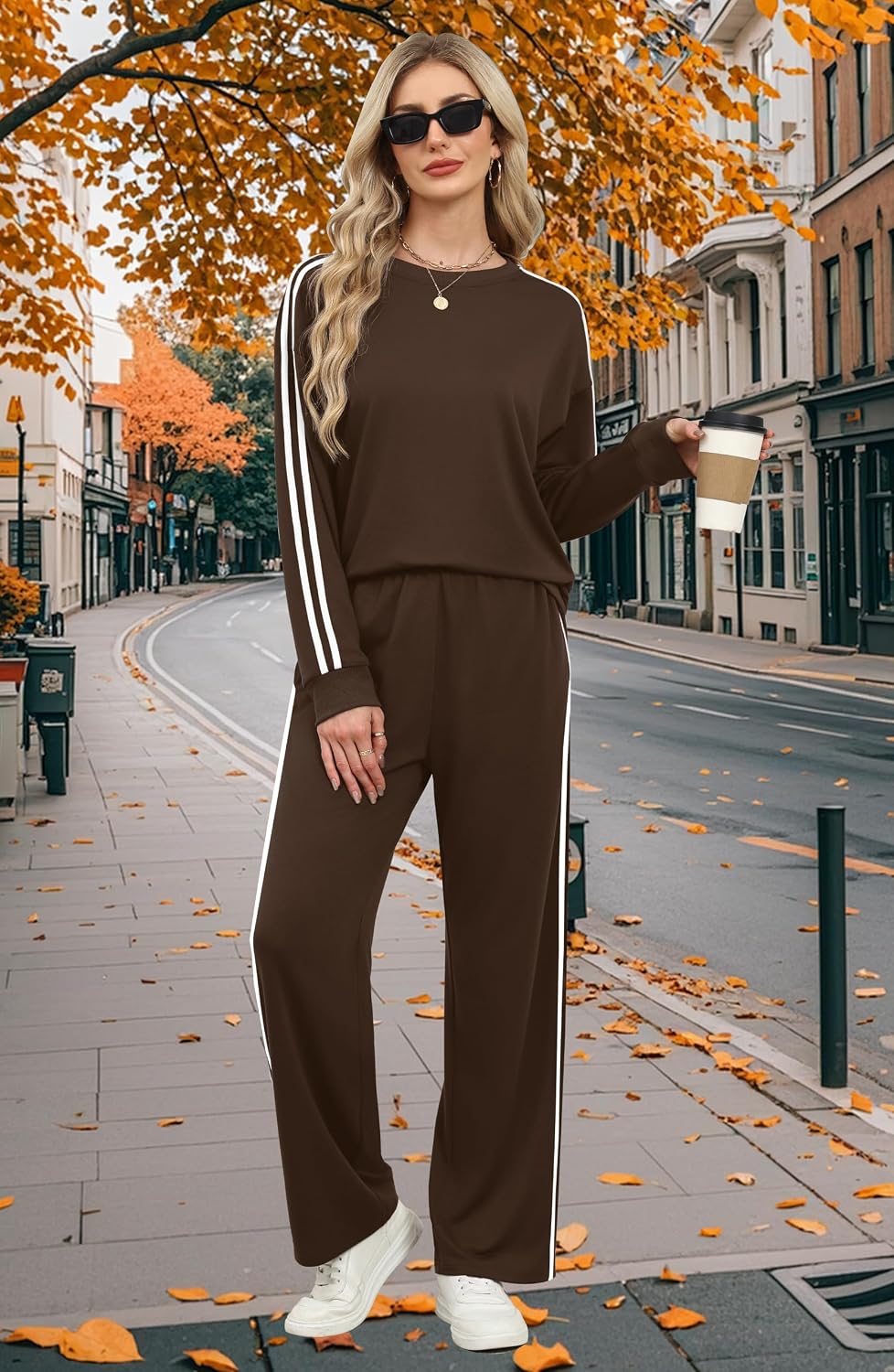 Detalle de Sampeel 2-Piece Color-Block Sweatsuit Set for Women with Striped Sleeves