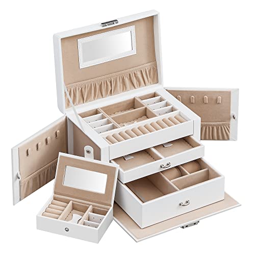 Detalle de SONGMICS Scatola Portagioie a 3 livelli – Portagioie con mini box removibile, chiusura a chiave e maniglia frontale, PU Bianco Nuvola / foderato beige