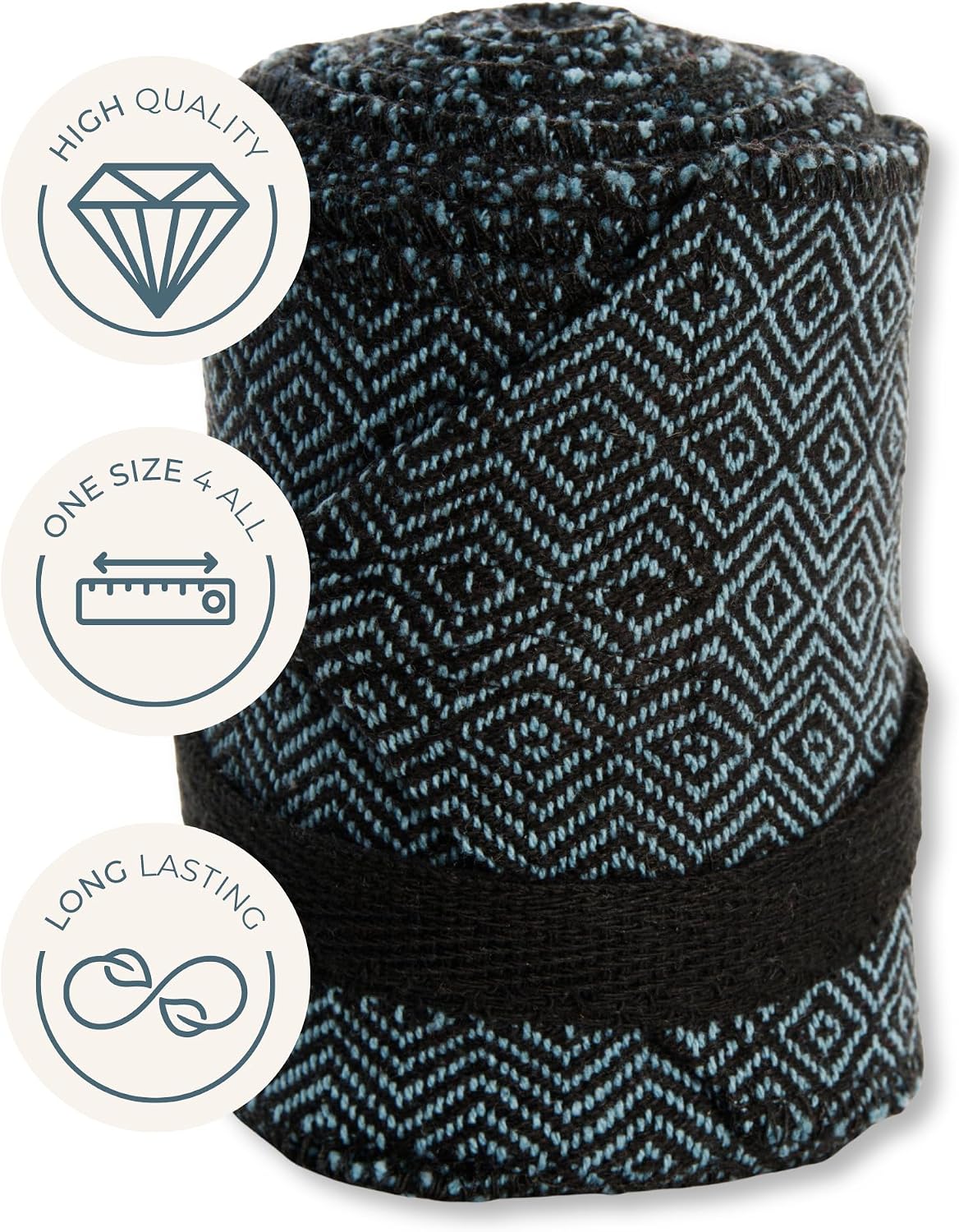 Detalle de HEMAD Viking beenwarmers van 100% katoen met Hodur-ruitpatroon in blauw en zwart
