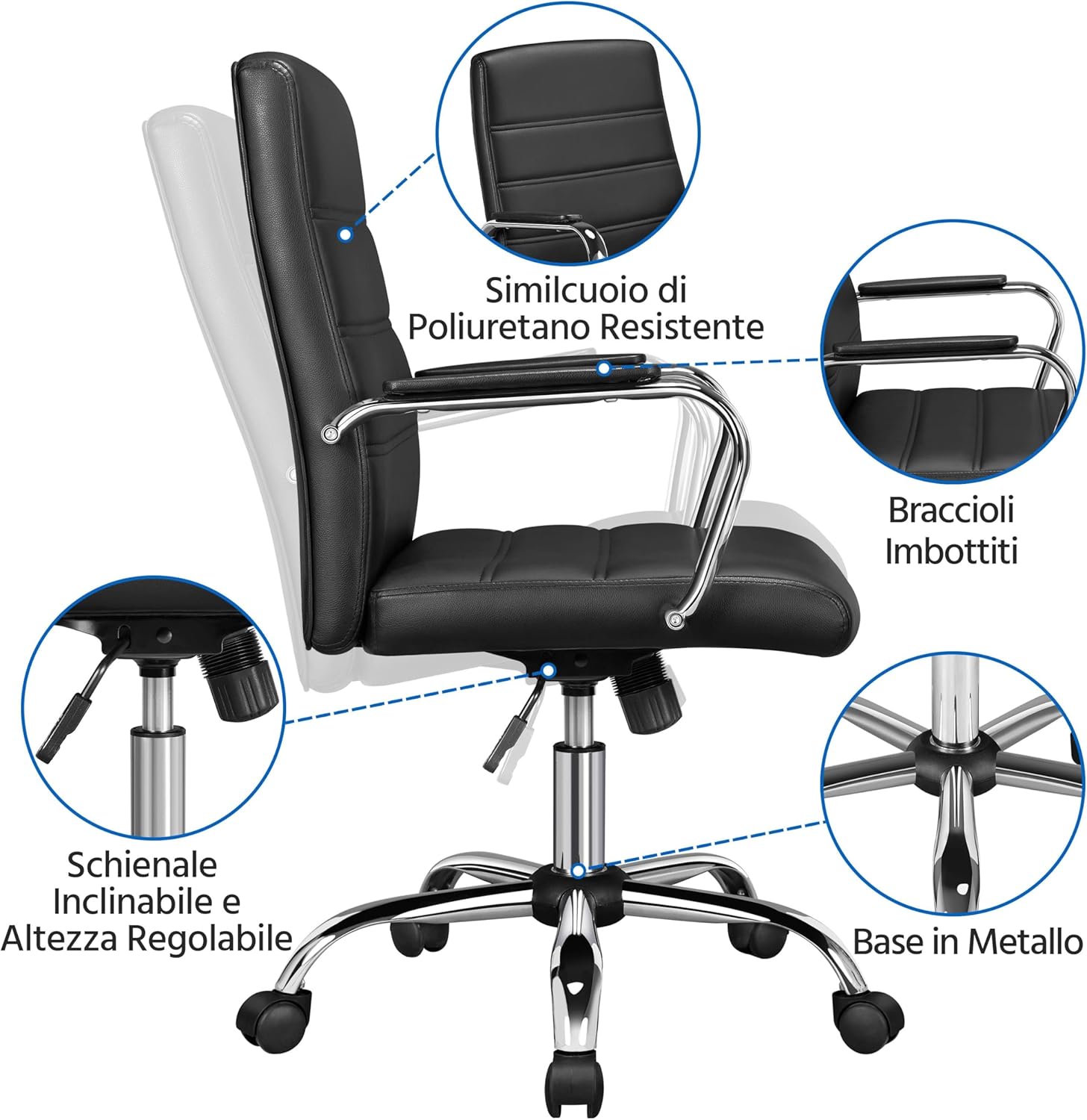 Thumbnail 5 de Yaheetech Poltroncina ergonomica da ufficio reclinabile girevole in ecopelle, altezza regolabile (portata 130 kg) nera