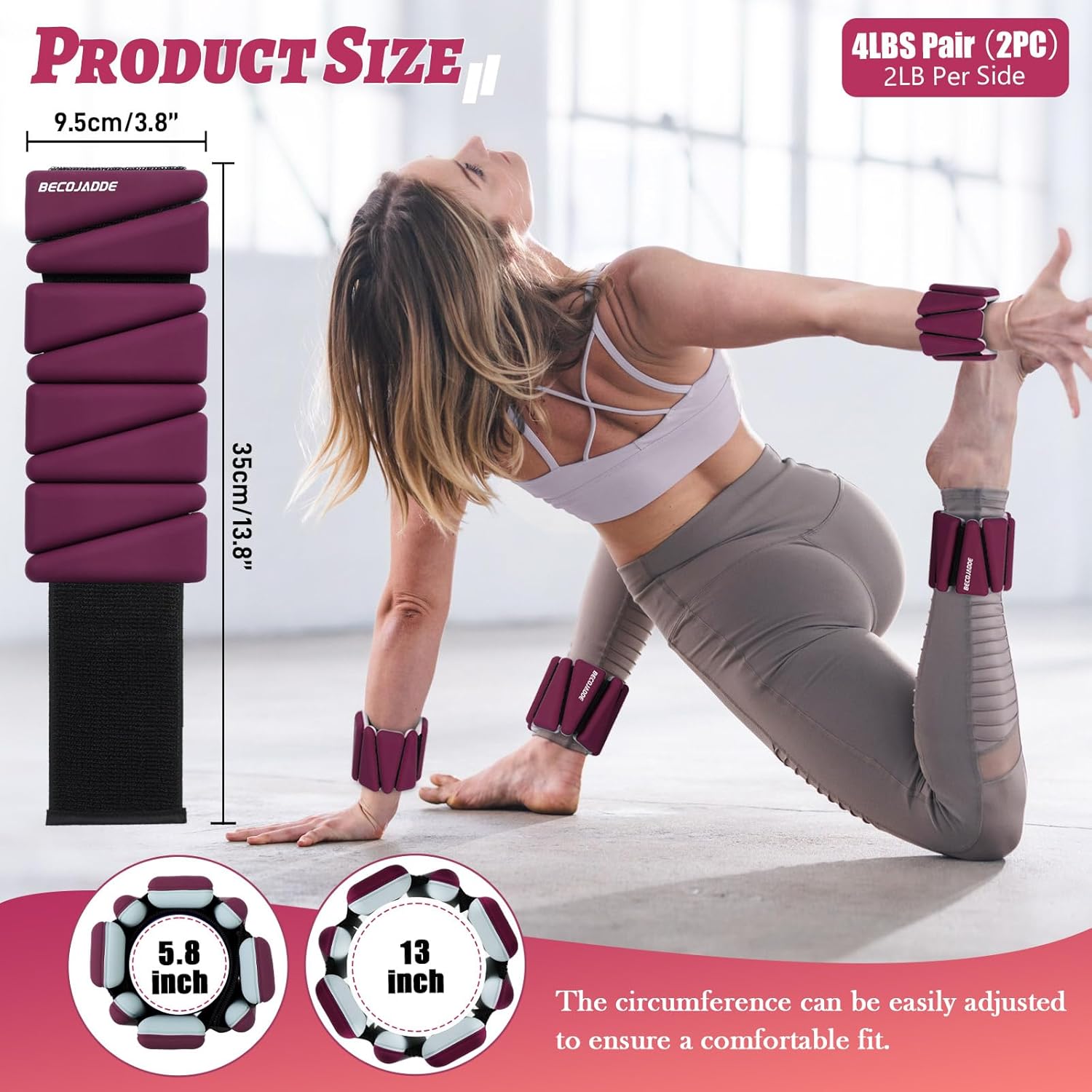 Detalle de BECOJADDE Ankle Weights Set of 2 – Adjustable 1/2/3 lb per weight for versatile workouts