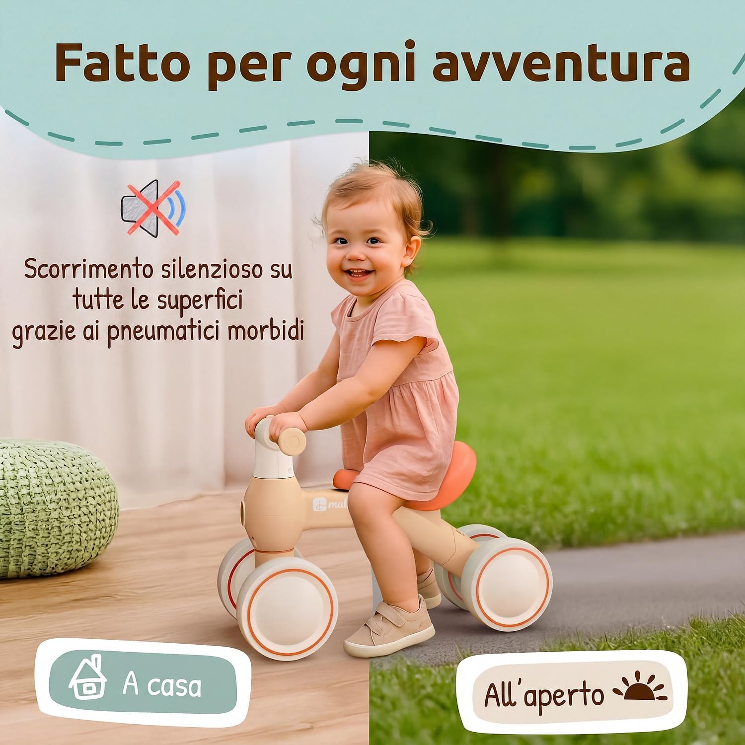 Detalle de Mallie® Bicicletta Senza Pedali con cestino – balance bike per bimbi 1–2 anni