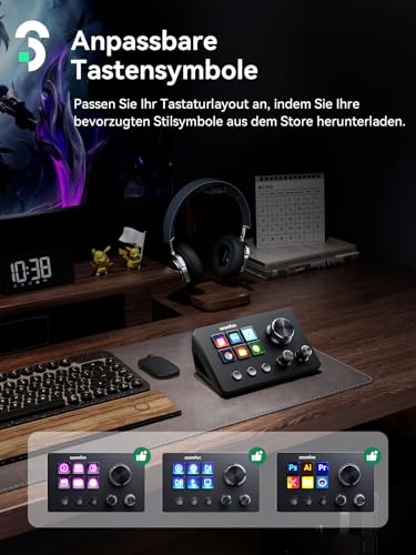 Detalle de SOOMFON Stream Controller SE – 6 LCD-Makrotasten, 3 Szenentasten & Regler