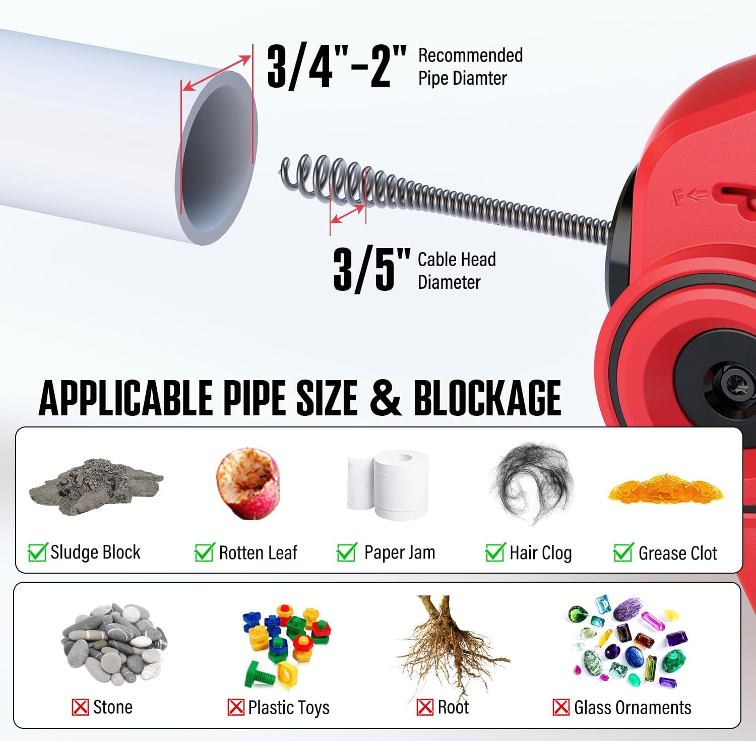 Detalle de POPULO CADL-2004 20V Cordless Drain Auger, 25-Foot Auto-Feed Cable