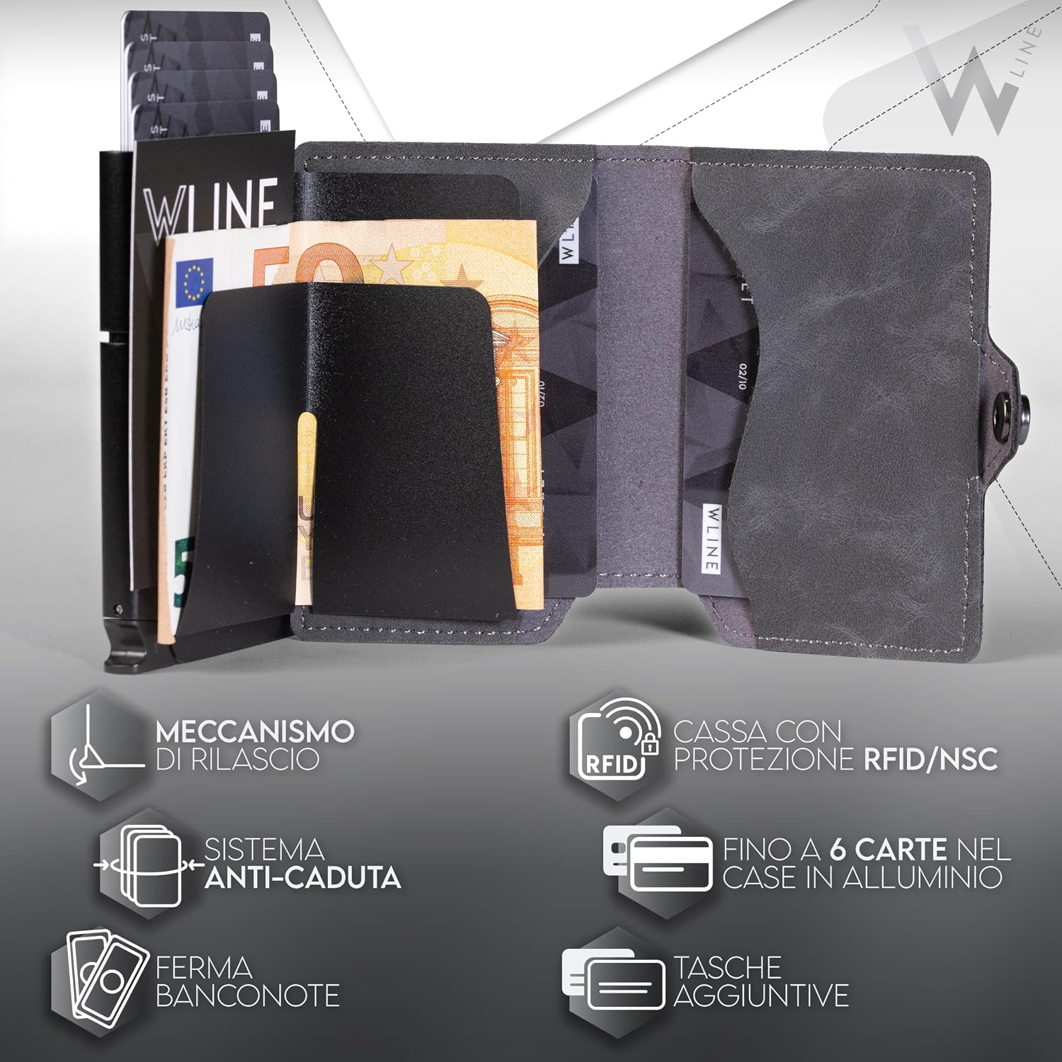 Thumbnail 3 de WLine Porta Carte Schermato RFID in Pelle PU slim (Grigio Vintage) 👝