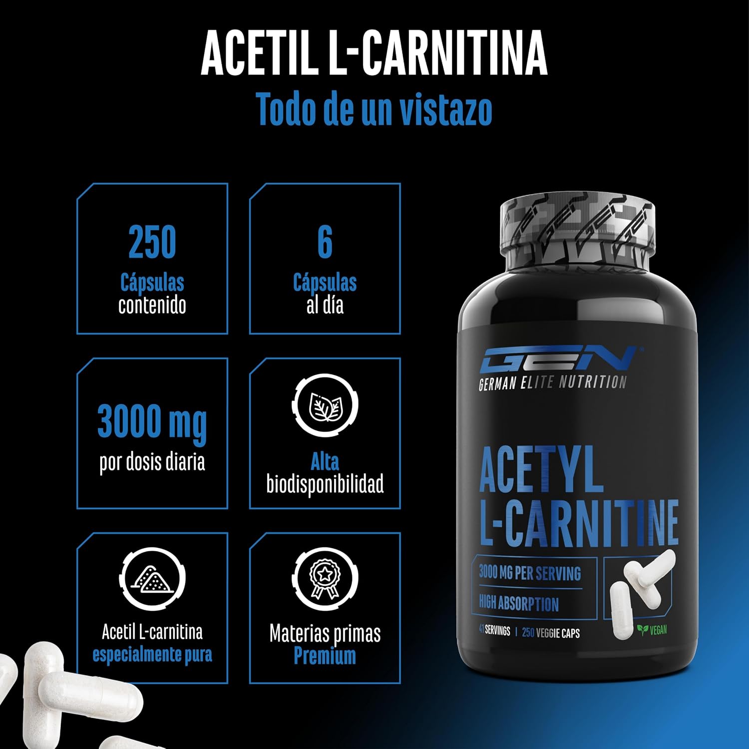 Detalle 2 de Acetil-L-carnitina 3000 mg 250 cápsulas veganas