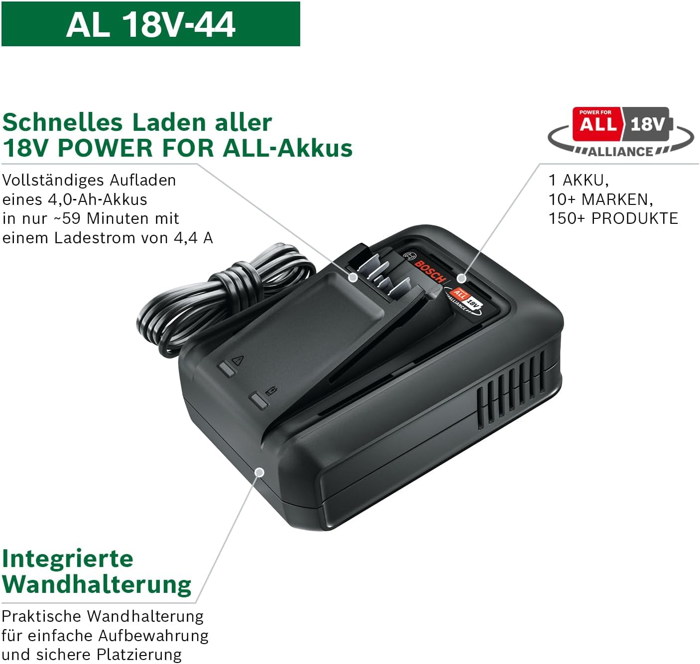 Thumbnail 1 de Bosch Schnellladegerät AL 18V-44 für 18V Power for All-Akkus (4,4 A) inkl. integrierter Wandhalterung