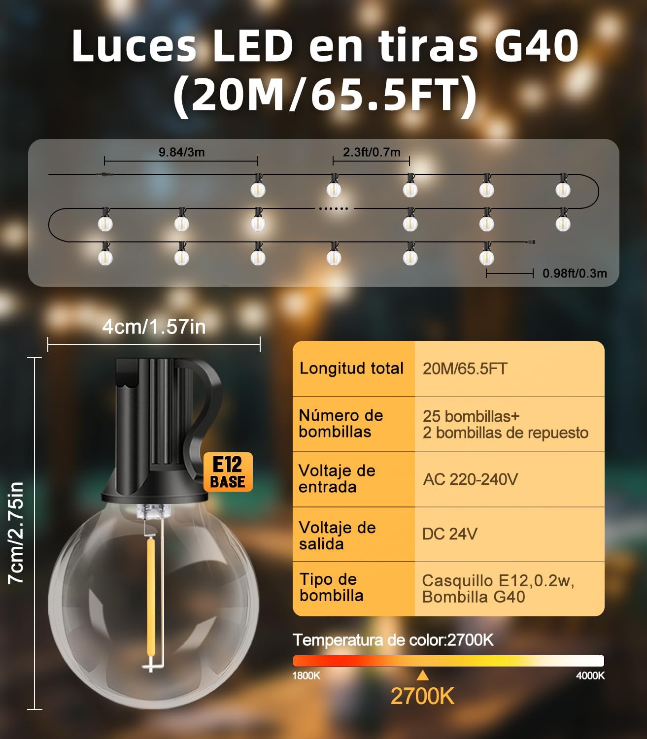 Detalle 2 de SAEIHGAE guirnalda de luces exterior LED 20 m con bombillas G40, IP44 e iluminación ampliable
