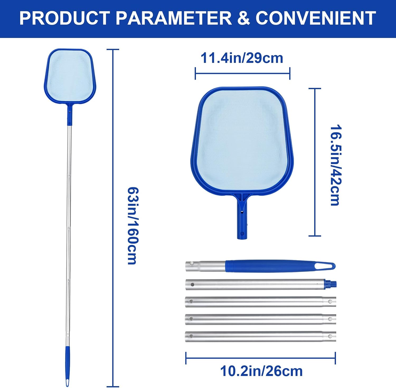 Detalle 2 de SENTAIMAO Pool Nets with Adjustable Aluminium Telescopic Pole (Blue) – 30cm leaf & insect skimmer