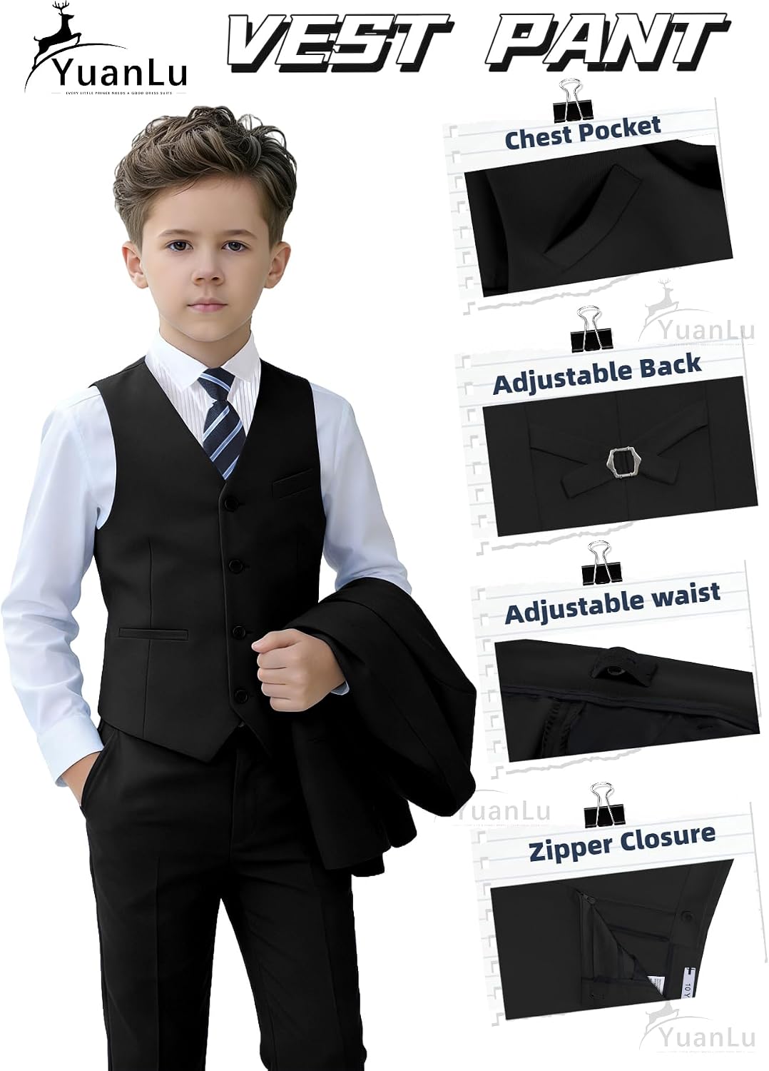 Detalle de YuanLu Boys Slim Fit Suit, Black Kids Tuxedo Set with Adjustable Waist