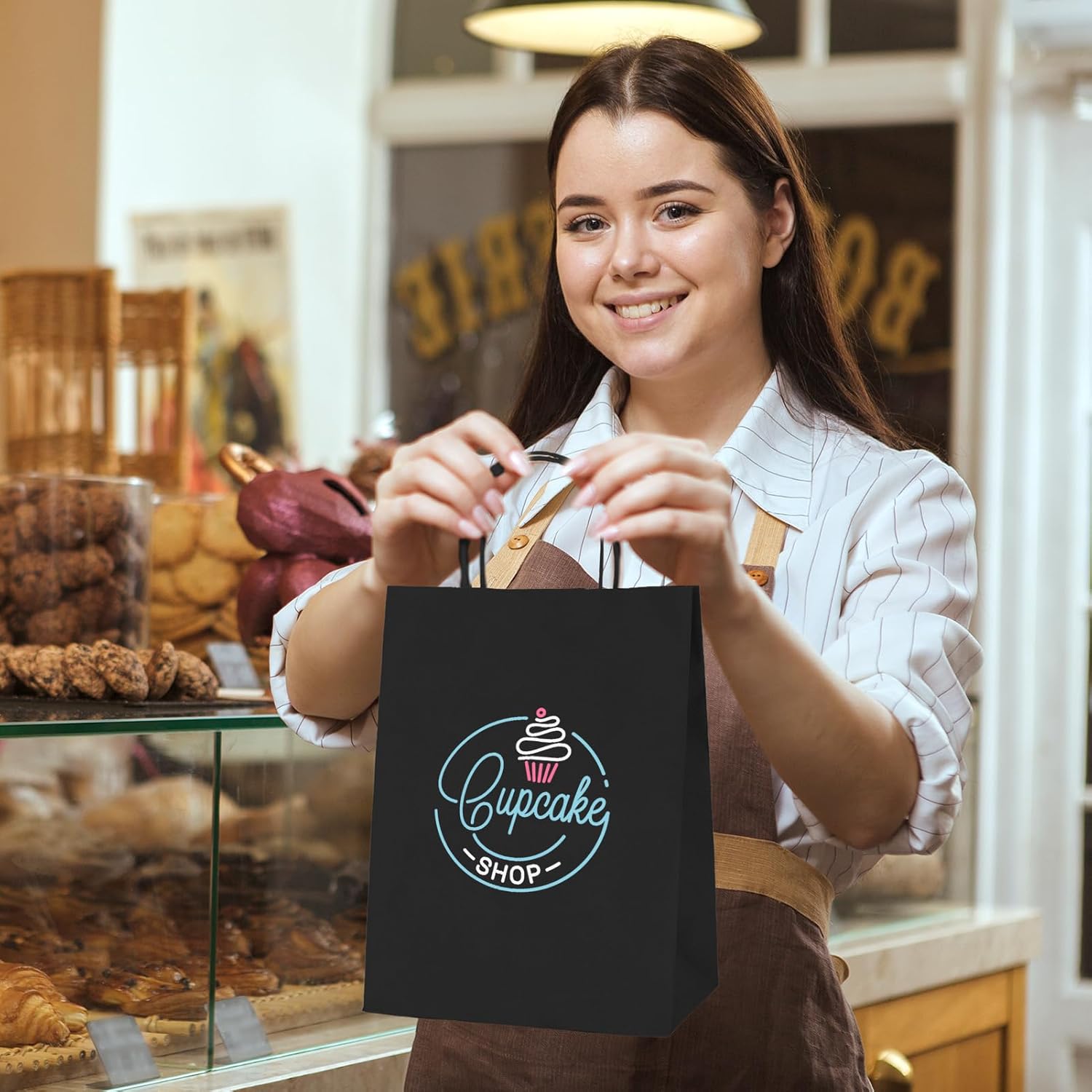 Thumbnail 4 de MESHA 100 Pack Black Gift Bags – 8x4.25x10.5 Inch Kraft Paper Bags with Handles (Medium, Recyclable, DIY Friendly)