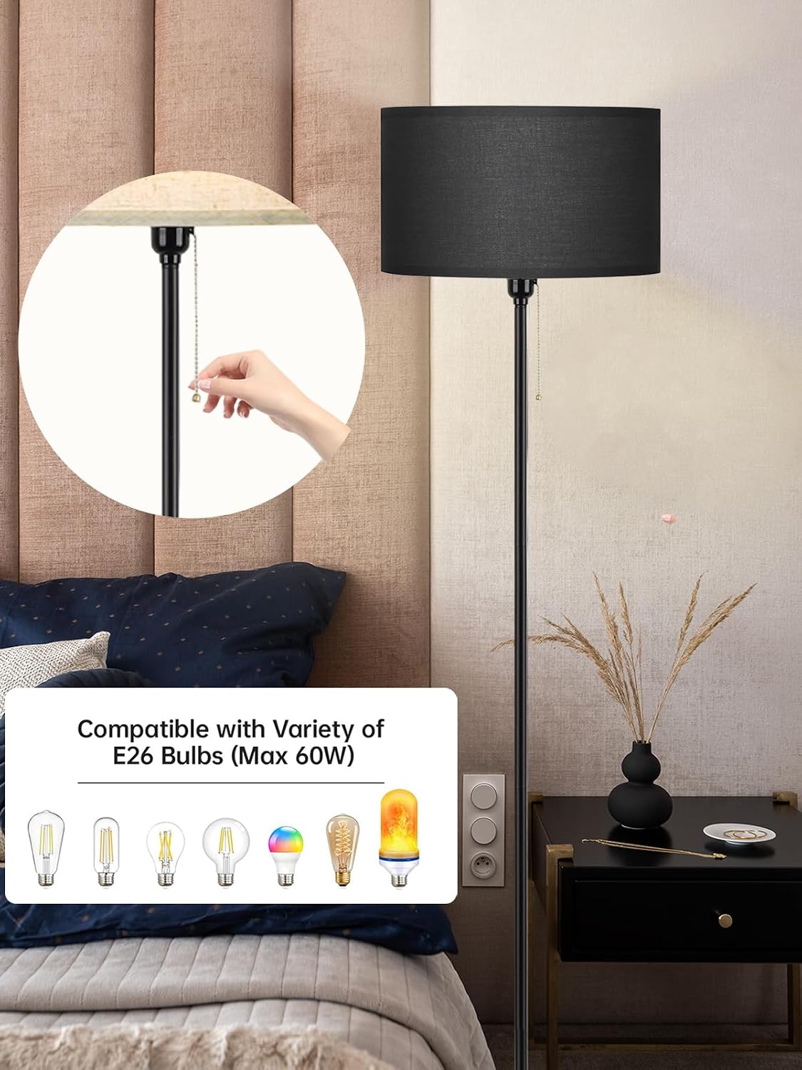 Detalle de AoMck AM33-B Farmhouse Floor Lamp with Black Linen Shade and 3-Colour LED