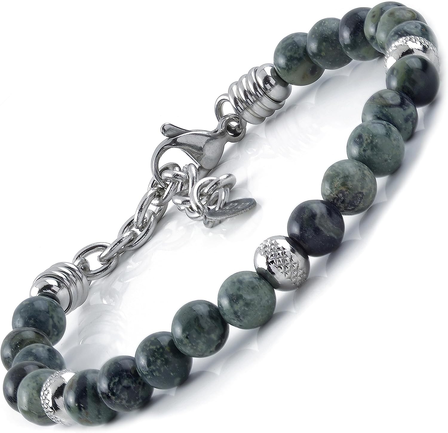 Detalle de 10:10 Bracciale con diaspro verde 6 mm in acciaio inox, 21 cm, produzione Italia