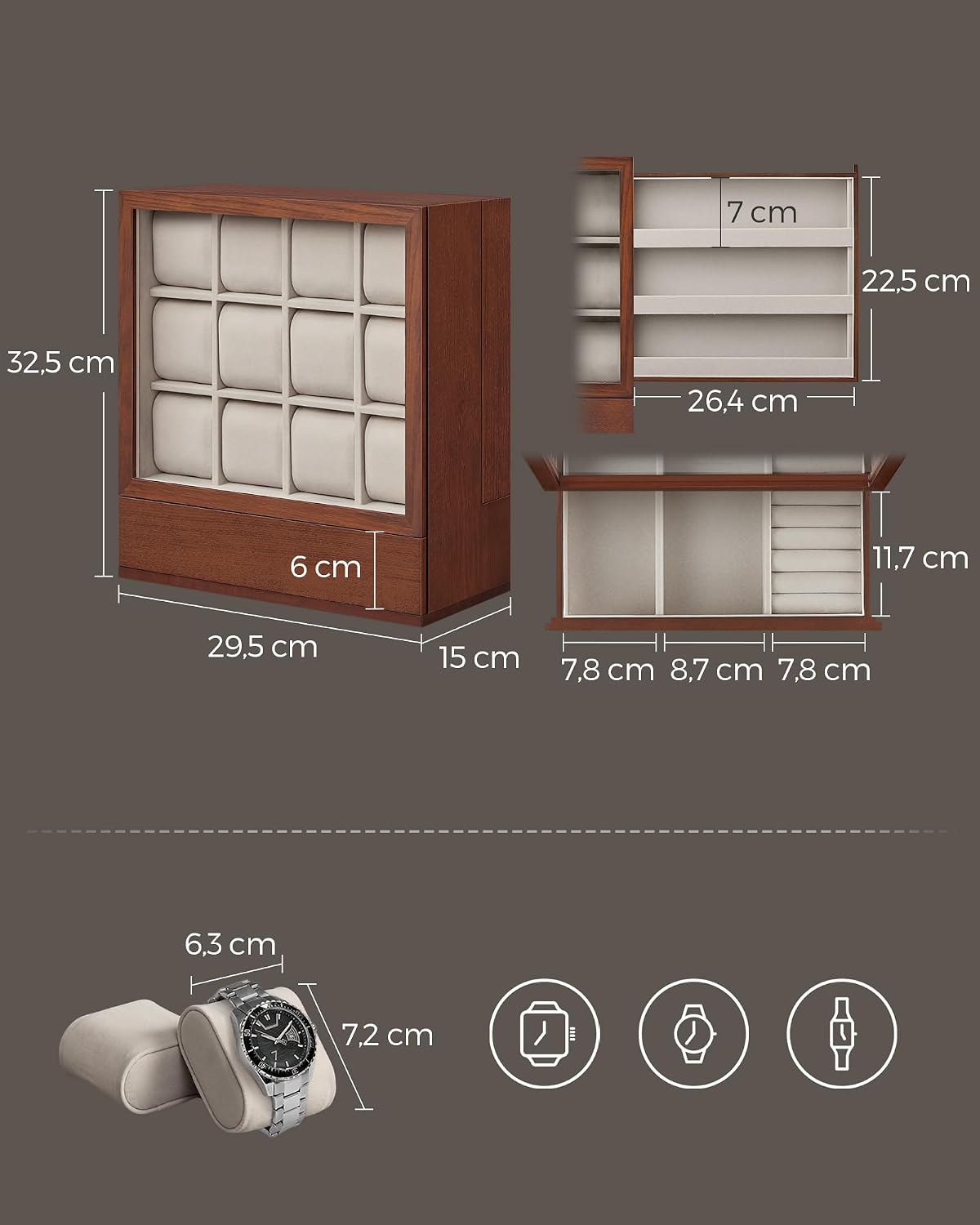Detalle de SONGMICS JOW014K01 klocklåda med 12 fack, fönster och laddningsport