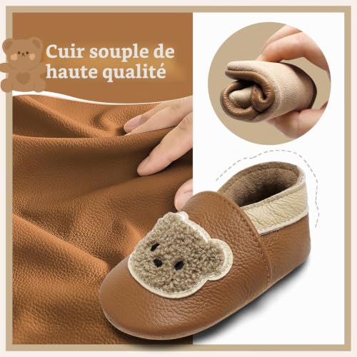 Detalle de IceUnicorn Chausson Bébé en Cuir Souple — Premiers Pas pour Garçon et Fille (Ours Brun Jaune, 12-18 mois)