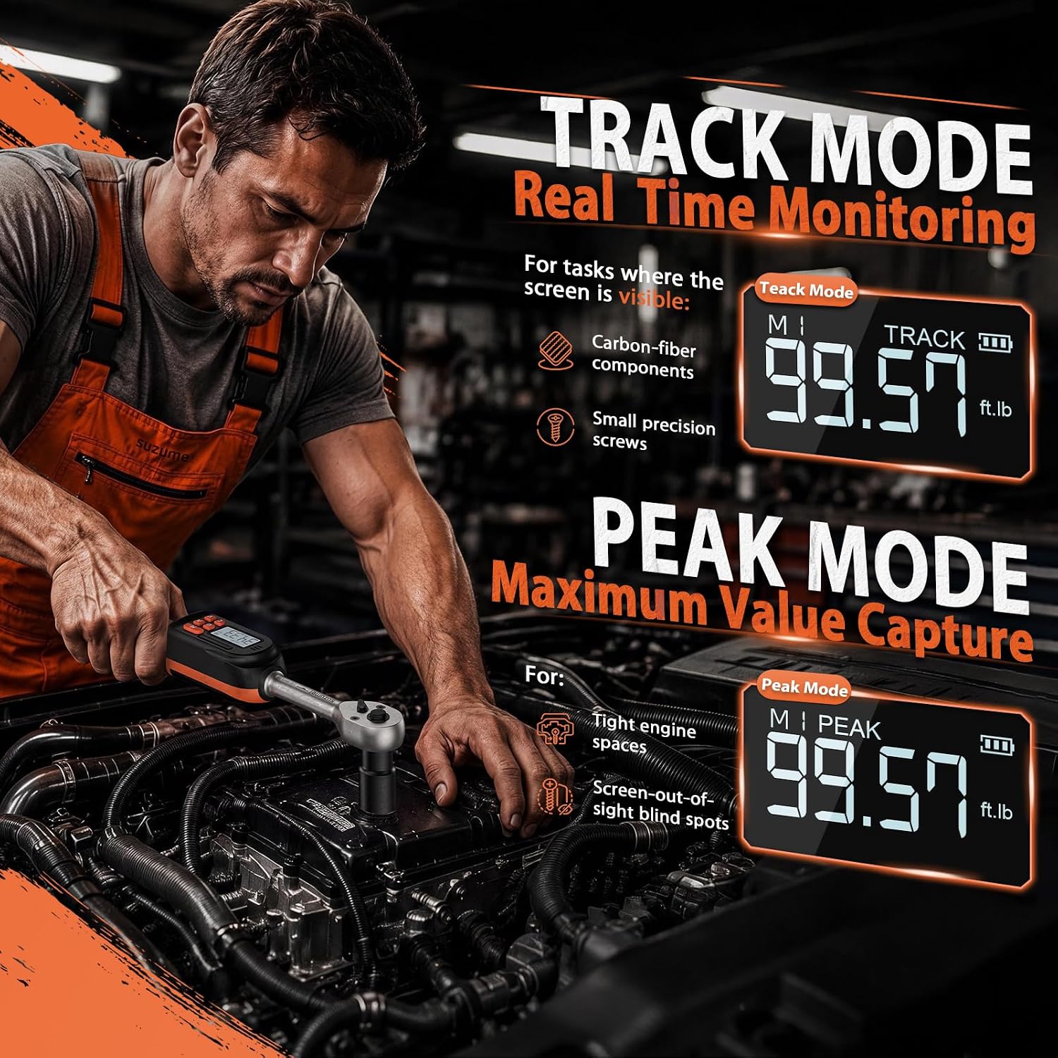 Detalle de SUZUME Digital Torque Wrench, 3/8-Inch Drive, ±2% Accuracy, Peak and Track Modes