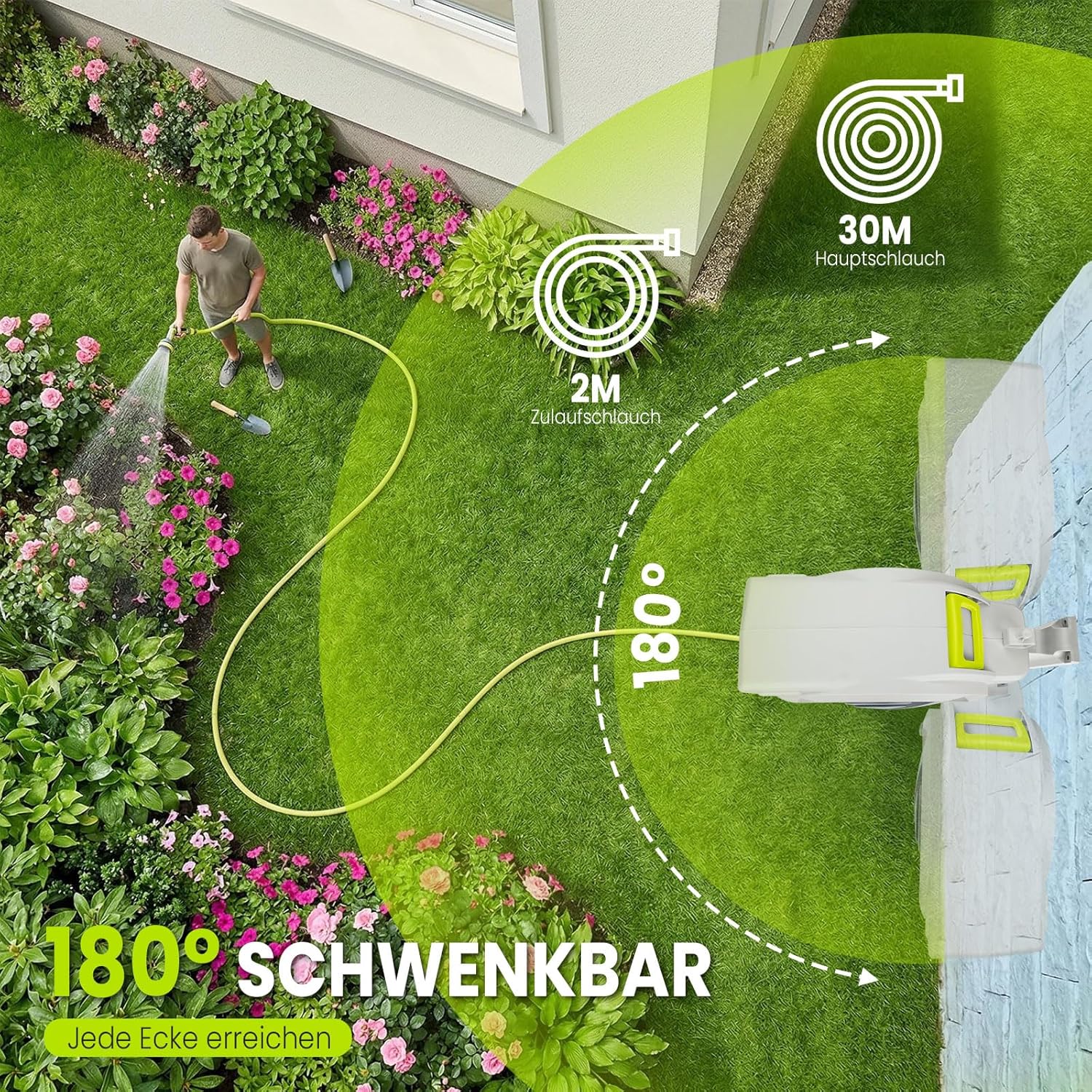 Thumbnail 2 de Bietor Schlauchtrommel Wasser 45m + 2m – Automatische Aufrollung, 180° Wandhalterung und 10-funktionen Sprühdüse