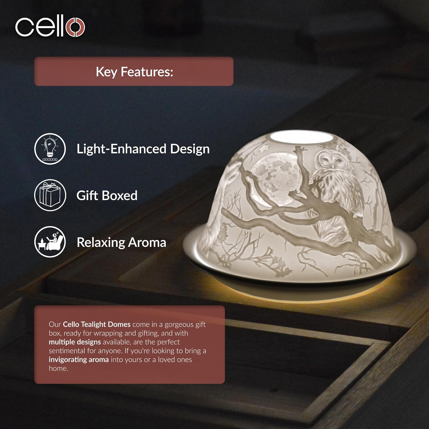 Thumbnail 4 de Cello Teelichthalter aus Porzellan – Eule mit 3D-Lichtmotiv (für Teelichter)