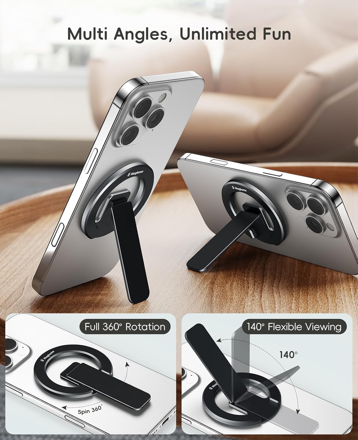 Thumbnail 4 de Support magnétique Magtame double face pour téléphone (béquille pliable et réglable) noir