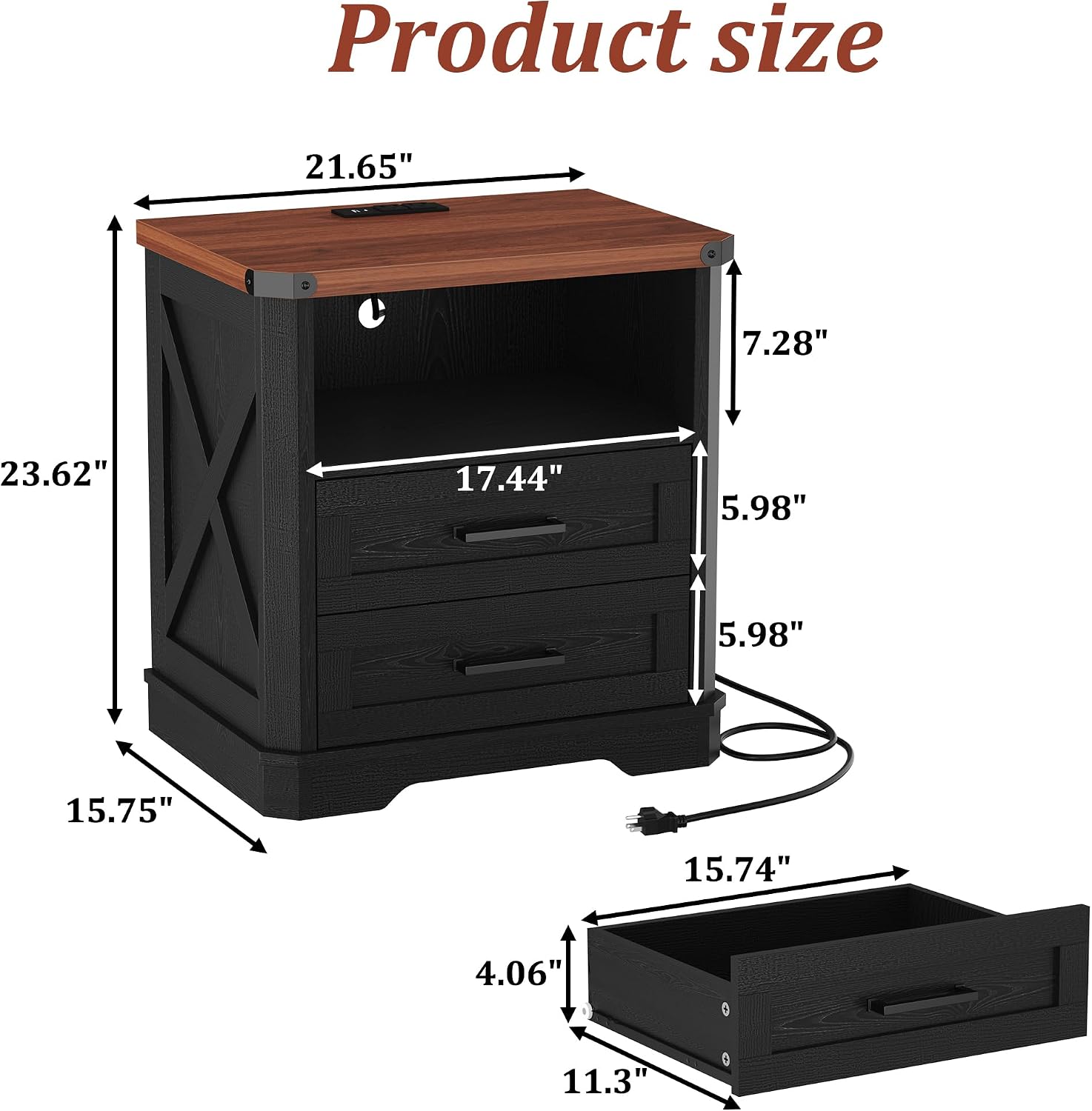 Detalle 2 de Yusong Nightstands Antique Black Farmhouse Nightstand with Charging Station