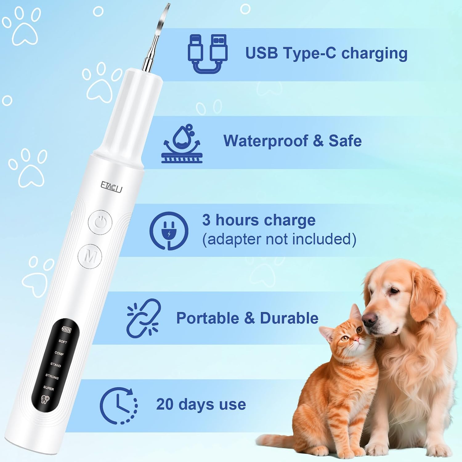 Detalle de ETACCU Dog Plaque Remover for Teeth – Low Noise Sonic Clean with LED Light