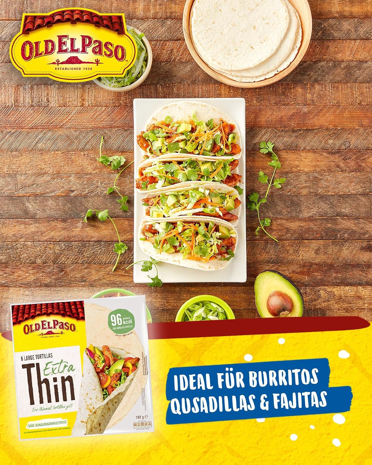 Detalle de Old El Paso Wrap Tortillas extra dünn (Ø 20 cm), 6 Stück – zum Befüllen von Tacos & Burritos