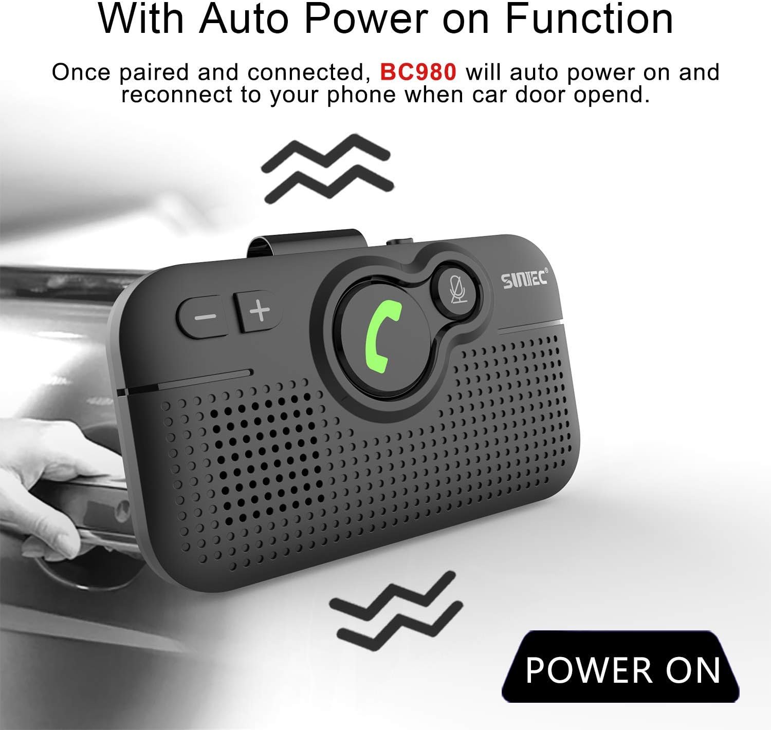 Detalle de SUNITEC Hands Free Car Phone Kit Bluetooth (BC980P) with 3W Speaker, Siri Voice Assistant & Visor Clip