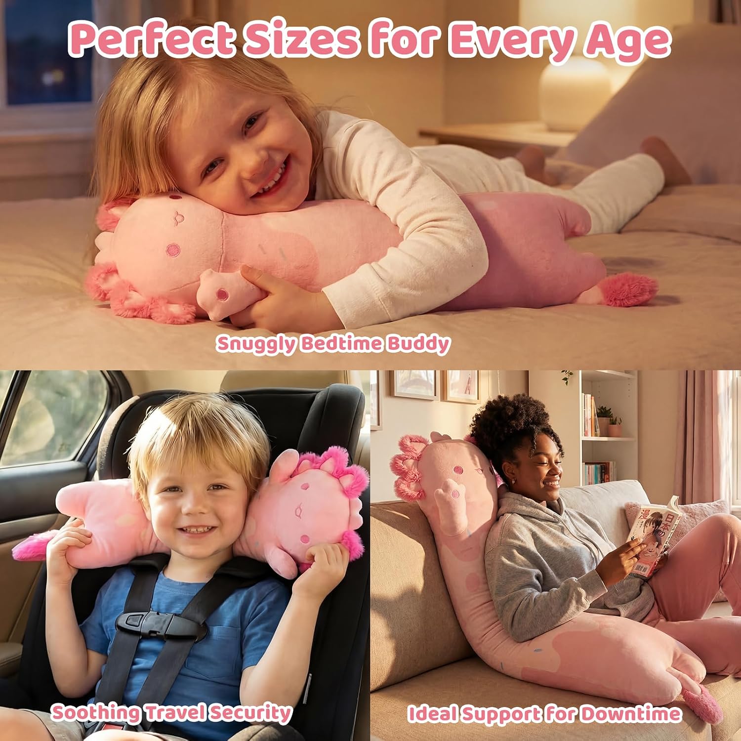 Thumbnail 5 de Mewaii Long Axolotl Plush – 5 Sizes, 120% Extra Filling Giant Body Pillow for Kids, Pink Kawaii Axolotl Stuffed Animal