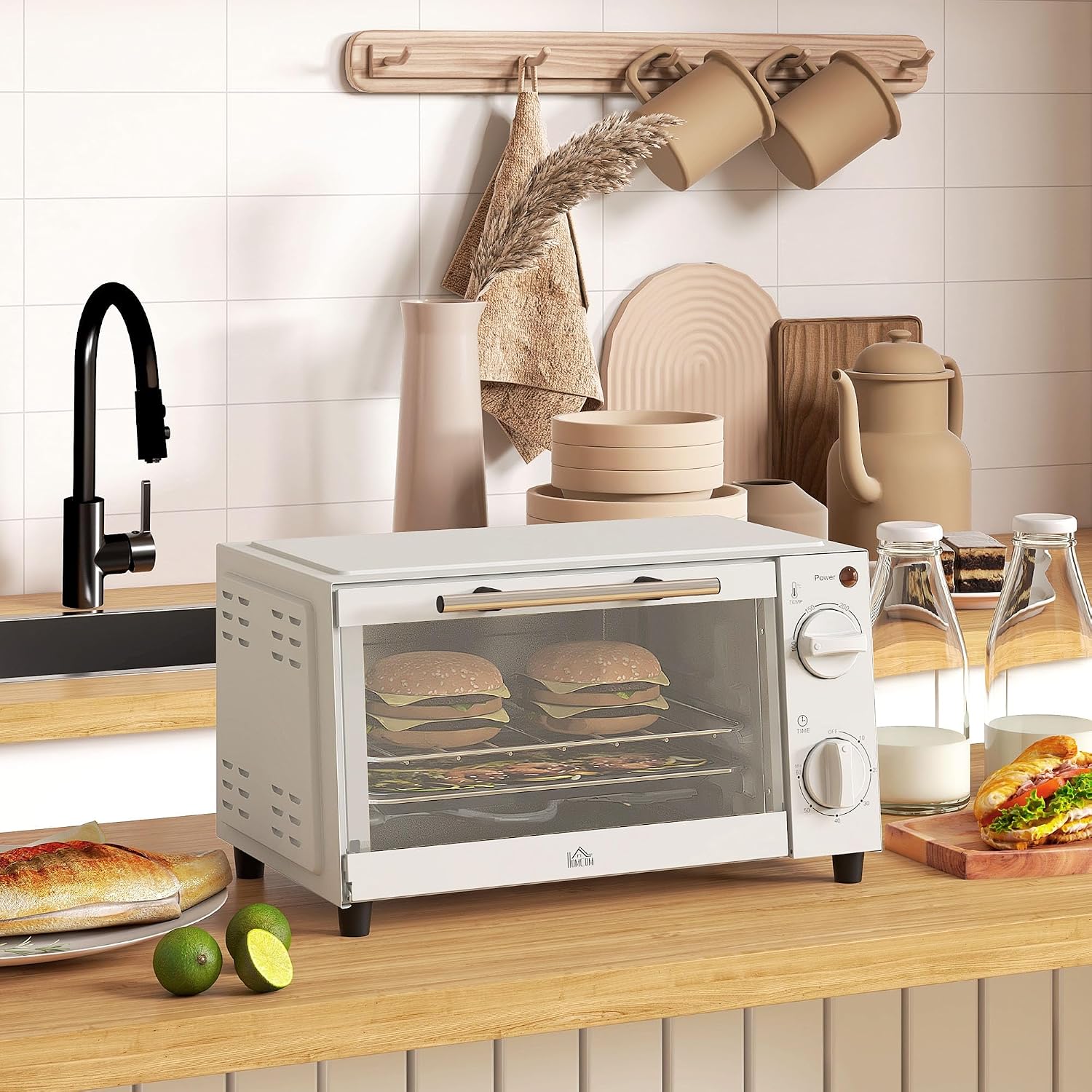 Detalle de HOMCOM Mini Oven 9L Toaster Oven with Adjustable Temperature 750W Cream