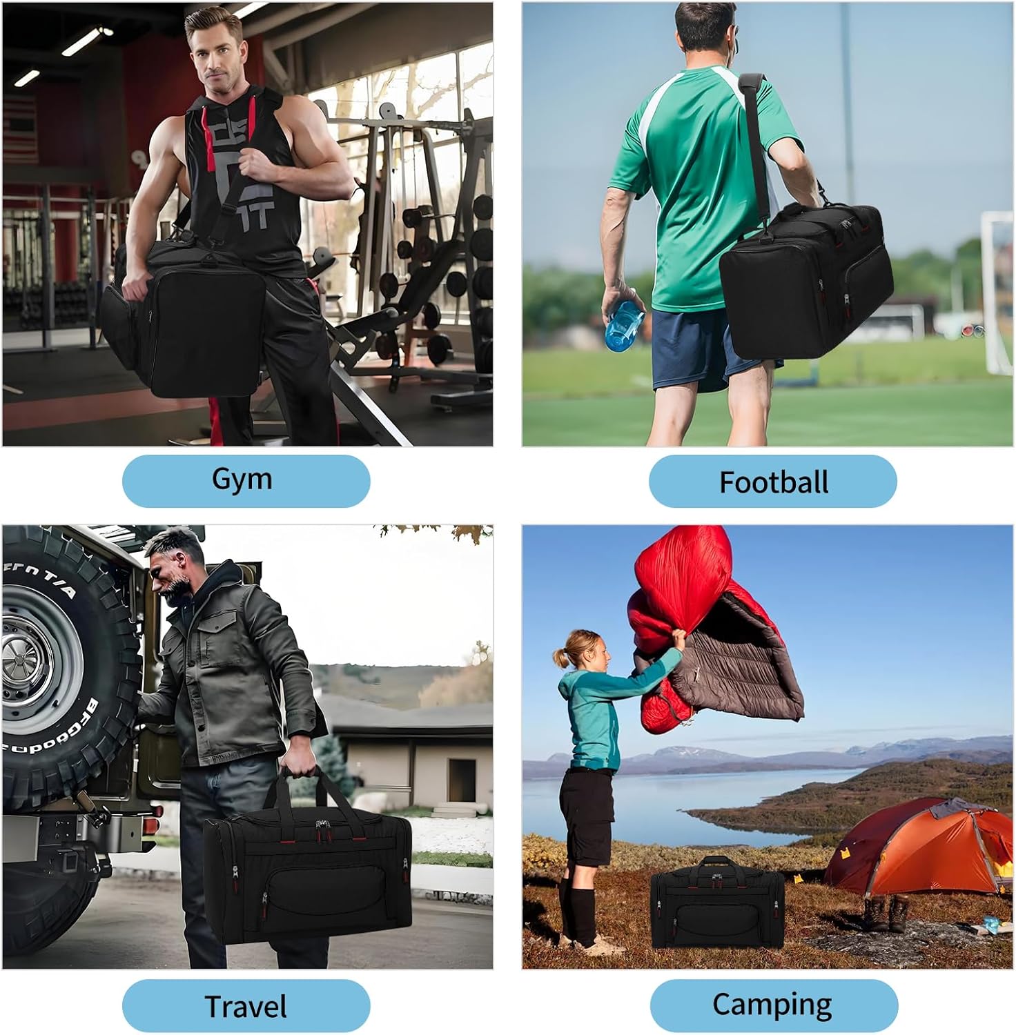Detalle de Sport Holdall Duffle Bag 55L – 55L Gym Duffle with Shoulder Strap (Black)