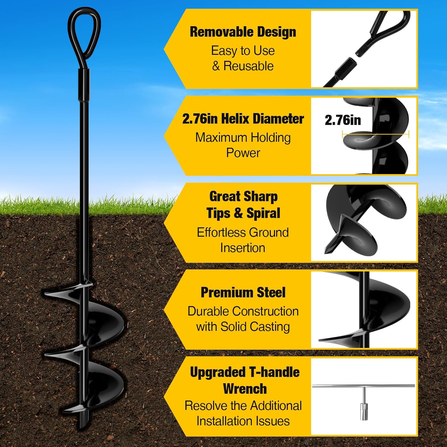 Detalle 2 de MIXC 18-Inch Heavy Duty Ground Anchors Screw In (4-Pack) with Straps, Drill Adapter, and Upgraded T-Wrench