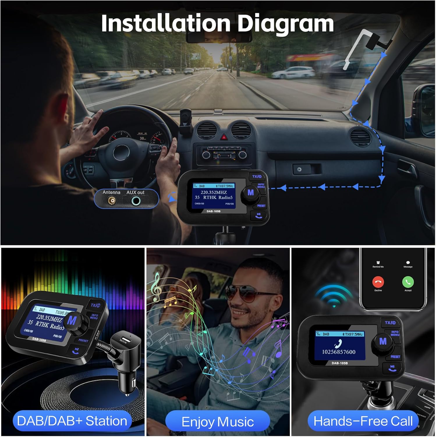 Thumbnail 6 de DeeprBetter DAB+ Adapter für Autoradio mit 2,3-Zoll-LCD, Bluetooth-Freisprechen und AUX/ FM-Übertragung