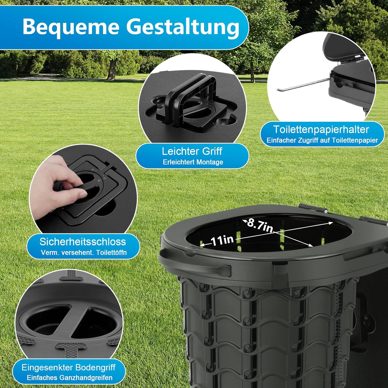 Detalle de imodomio Campingtoilette Faltbar Camping Toiletten – Tragbare faltbare WC-Lösung mit Deckel und Beuteln