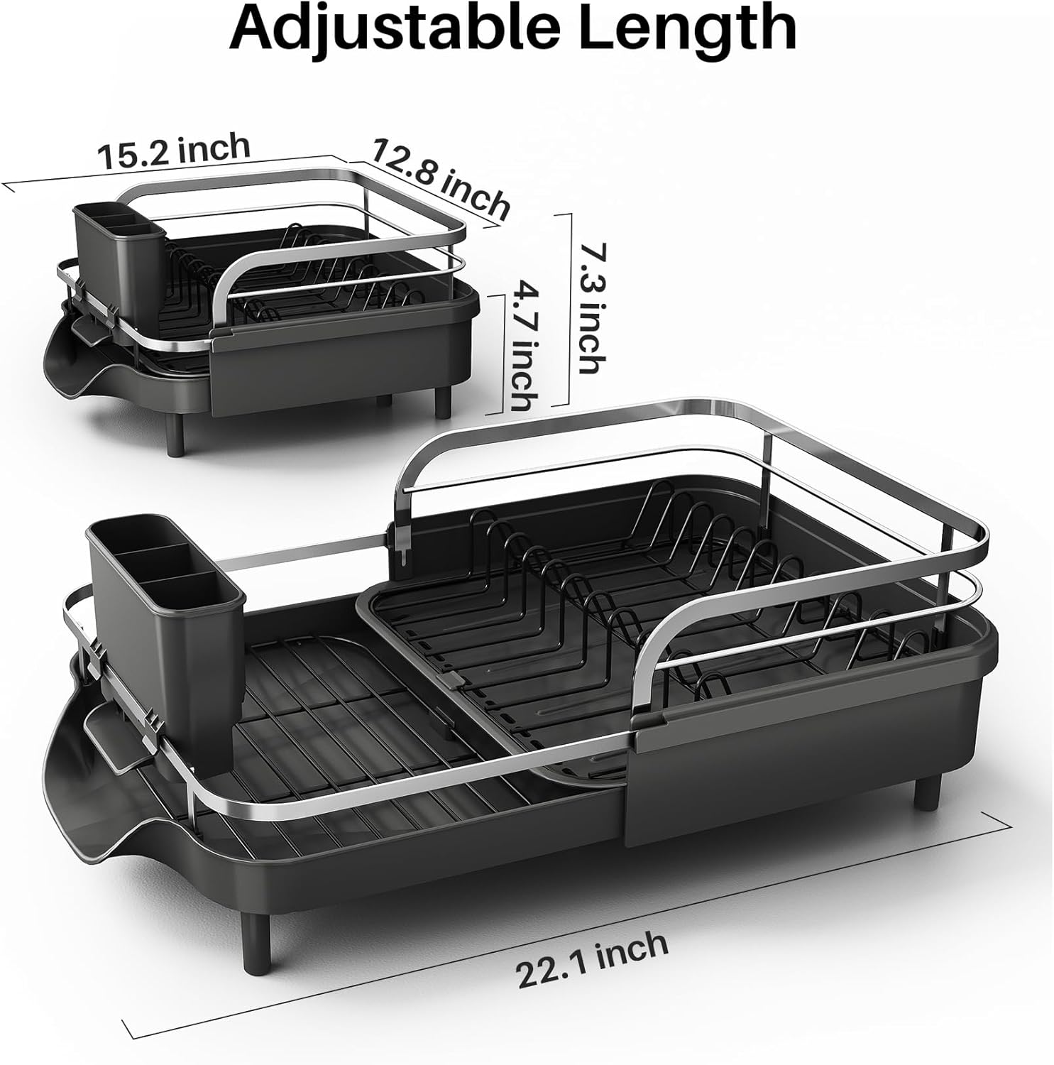 Detalle de SNTD Expandable Dish Drying Rack, Black, 15.2–22.1 in, Stainless Steel Rails