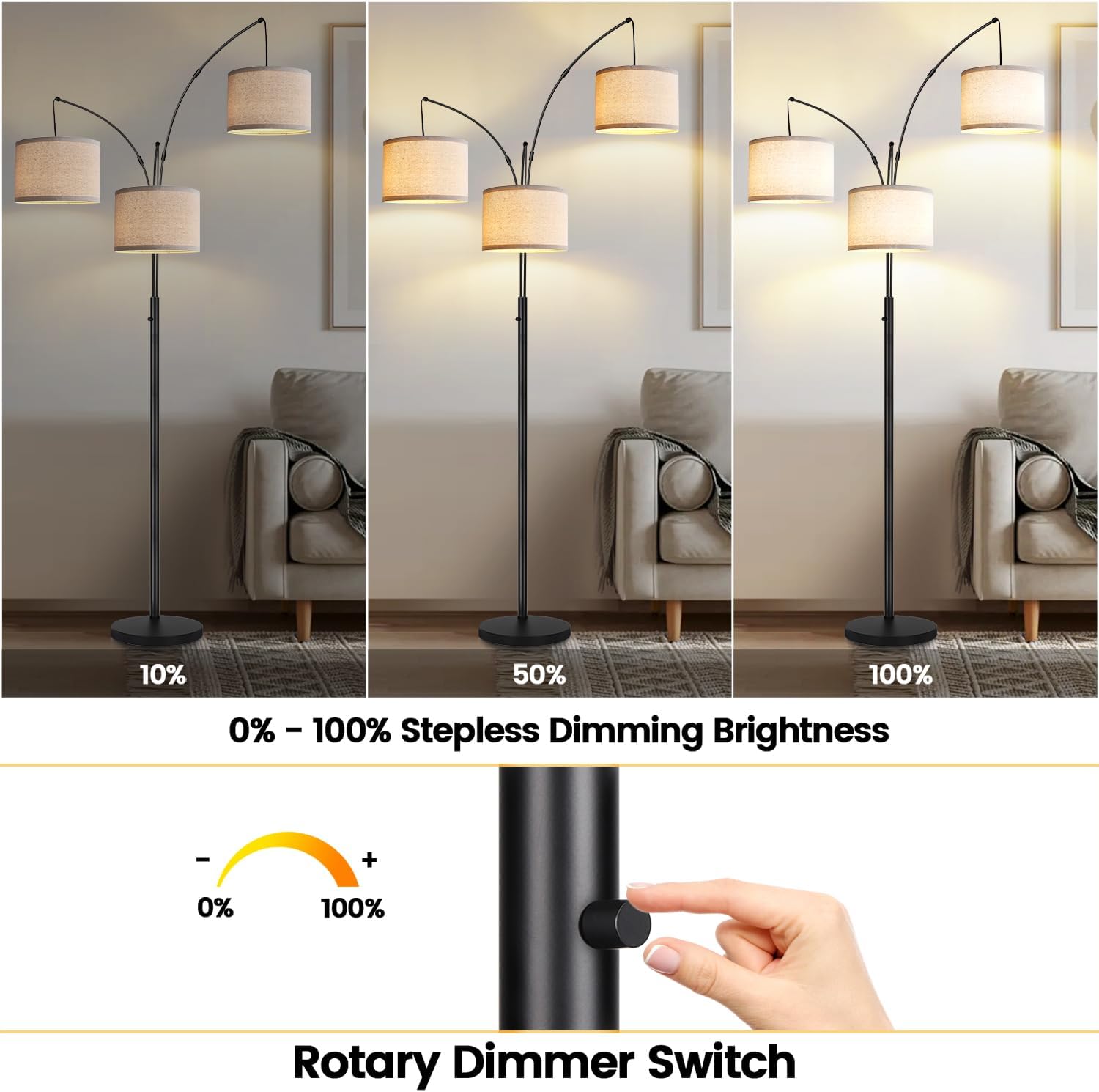 Detalle de Dimmable Arc Floor Lamp, Three Lights