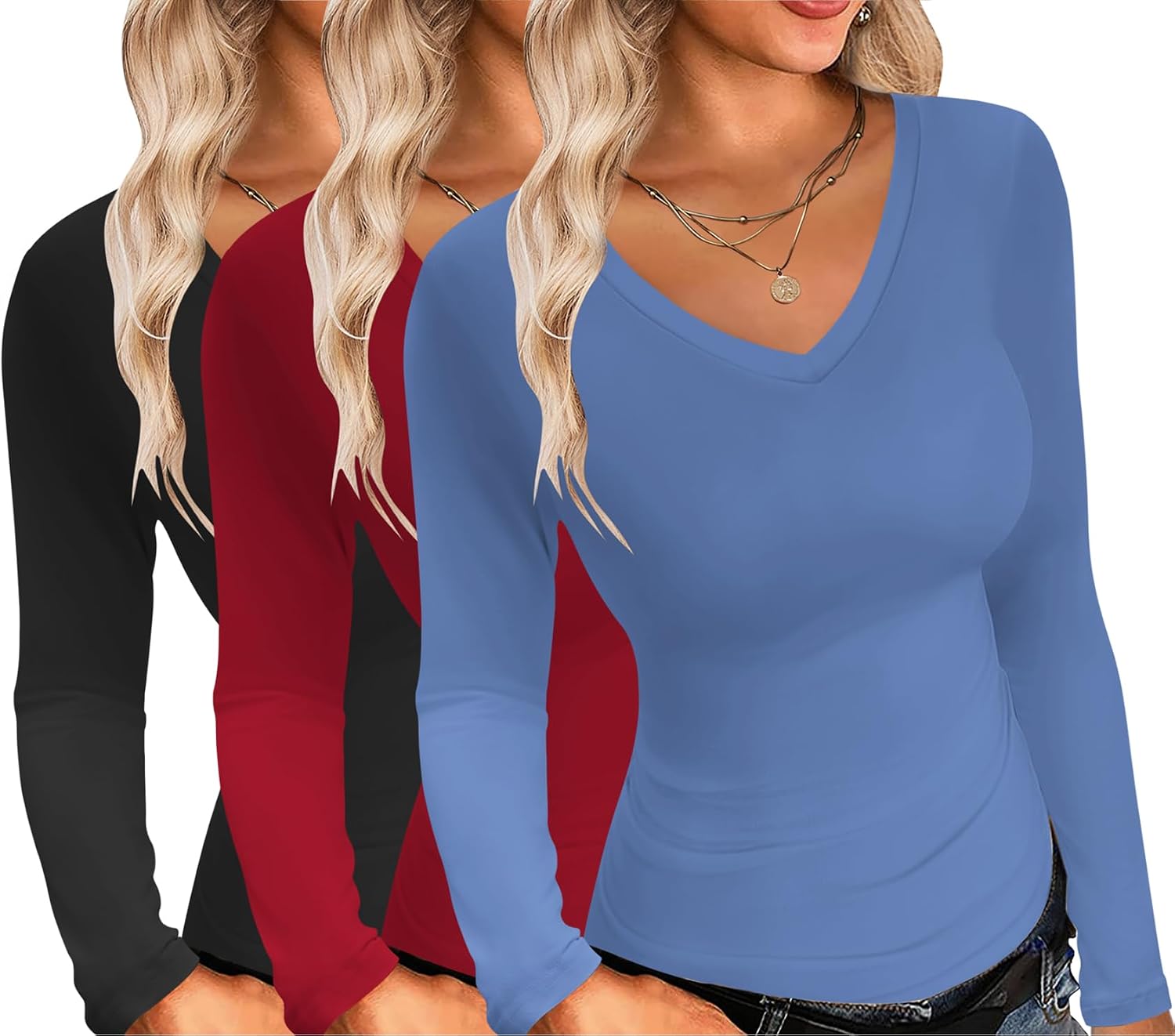 Detalle de Ekouaer 3 Pack V‑Neck Long Sleeve Tops