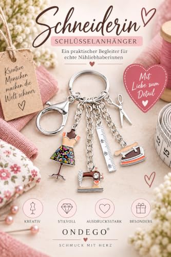 Detalle de ONDEGO Mode Schlüsselanhänger bunt Emaille – Schneiderin & Nähmaschine