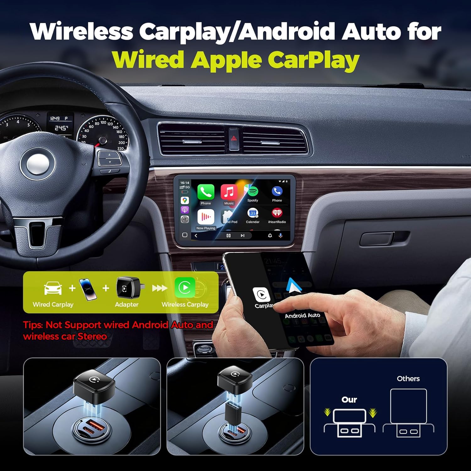 Detalle de LAMTTO Wireless CarPlay Adapter – Kabellose CarPlay- und Android Auto-Erweiterung für 2016+ Fahrzeuge