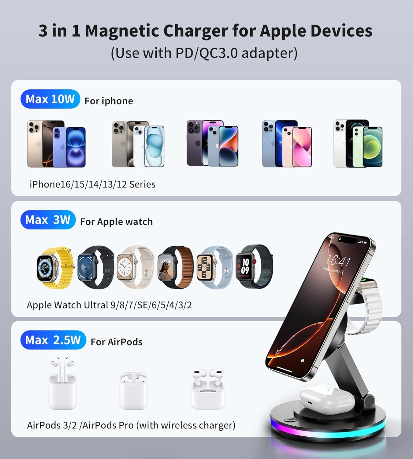 Detalle de Mag Safe 3-in-1: caricatore pieghevole per Apple Watch e iPhone (nero)