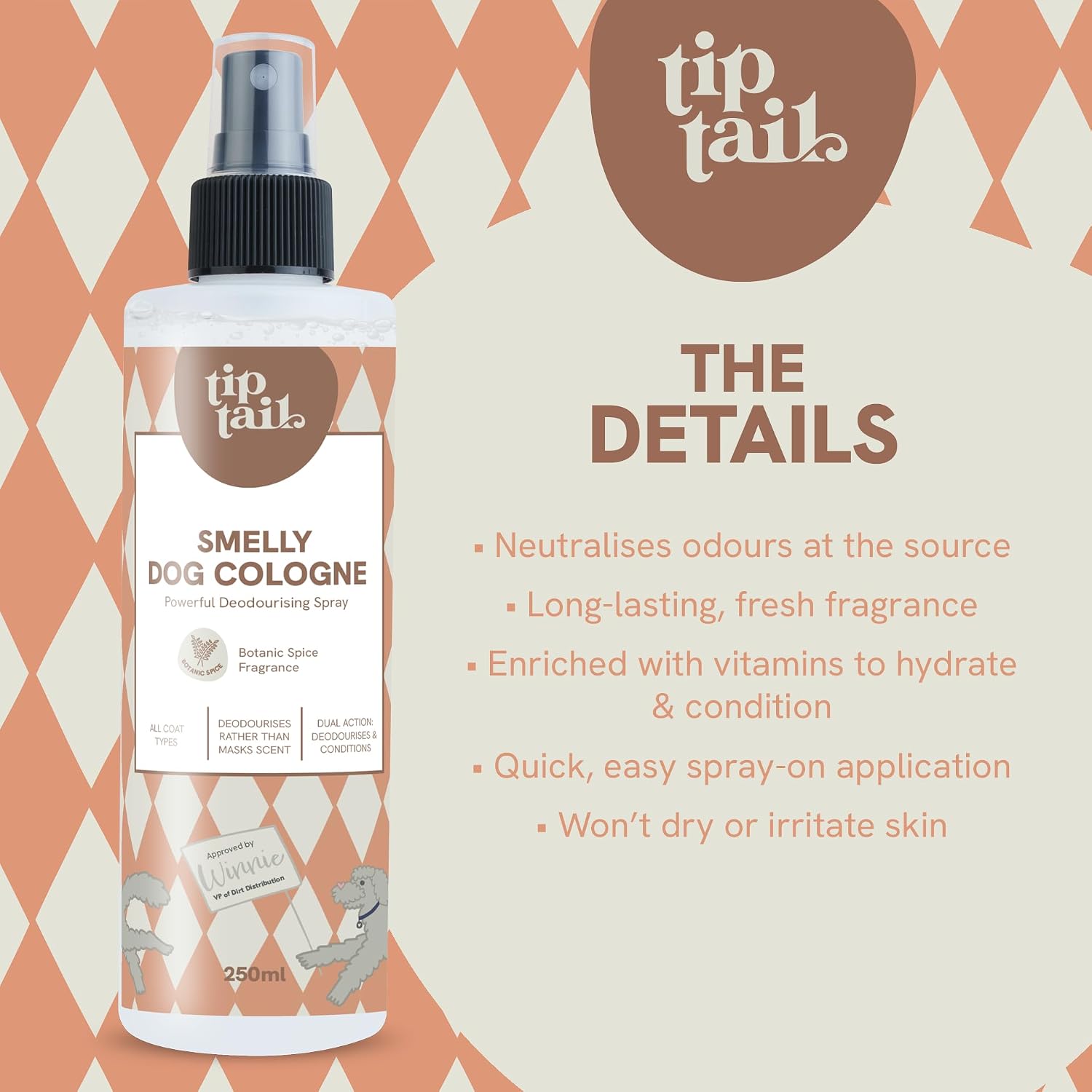 Detalle 2 de Tip Tail Smelly Dog Cologne Spray – Deodoris es and Conditions Fur (250ml)
