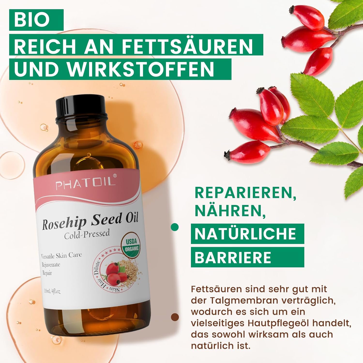 Detalle de PHATOIL Hagebuttenöl Bio Kaltgepresst 118 ml Feuchtigkeitspflege