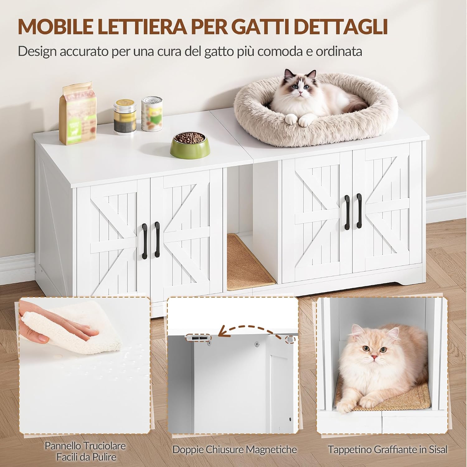 Detalle de Fobyfurny Mobile Lettiera per Gatti a Due Posti con Mobiletto Nascosto e Tappetino Graffiante (Bianco, 140 x 50 x 55 cm) – Versatile e Discreto