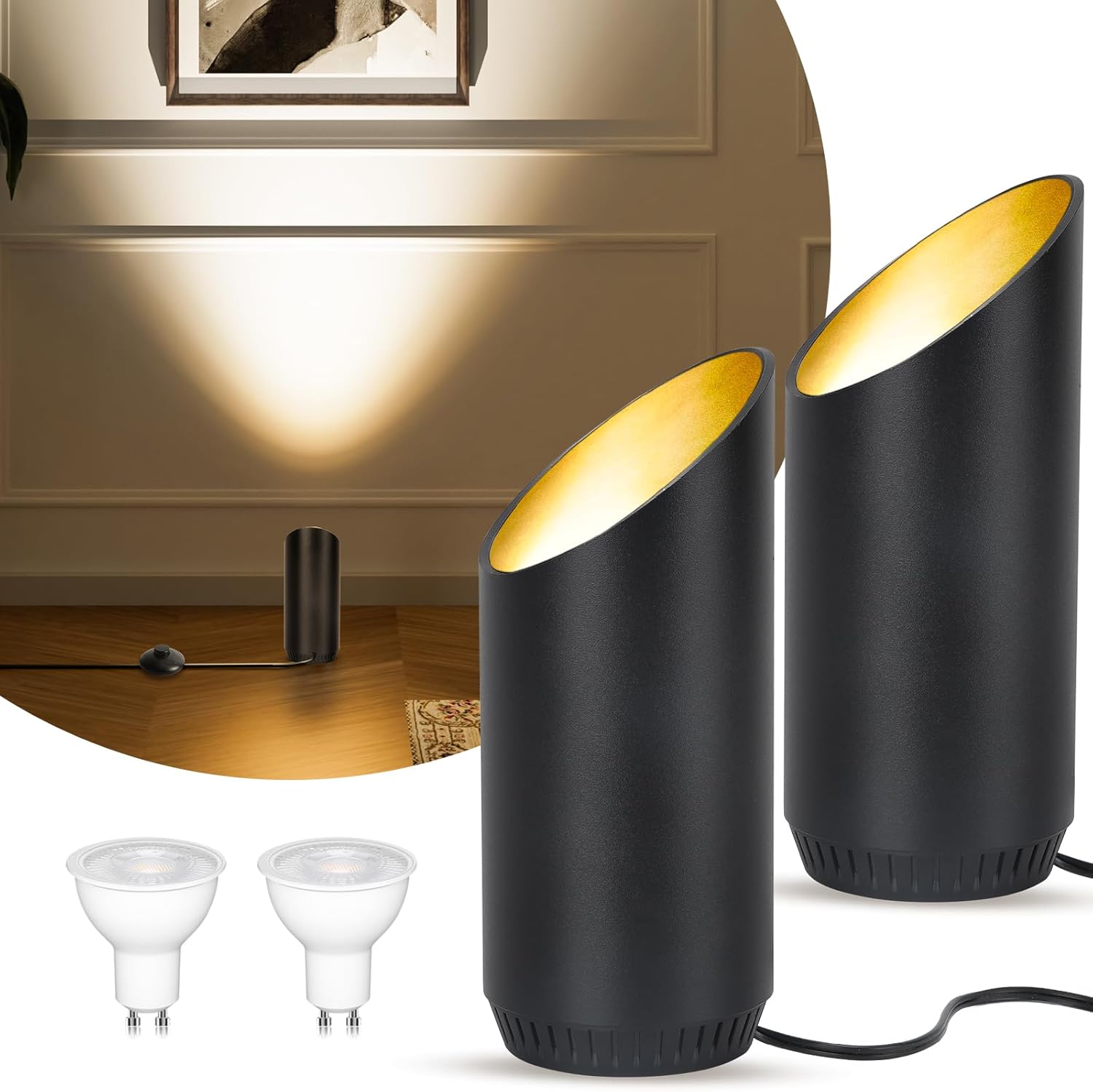 HUAEU LED Bodenstrahler 2er-Set (6 W, GU10 inkl.), Uplight für Innenräume – Schwarz, Warmweiß 3000K