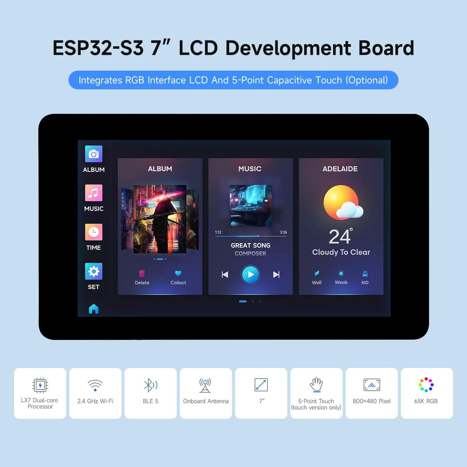 Detalle de WaveShare ESP32-S3-Touch-LCD-7 7インチタッチLCD開発ボード、800×480・5点タッチ対応