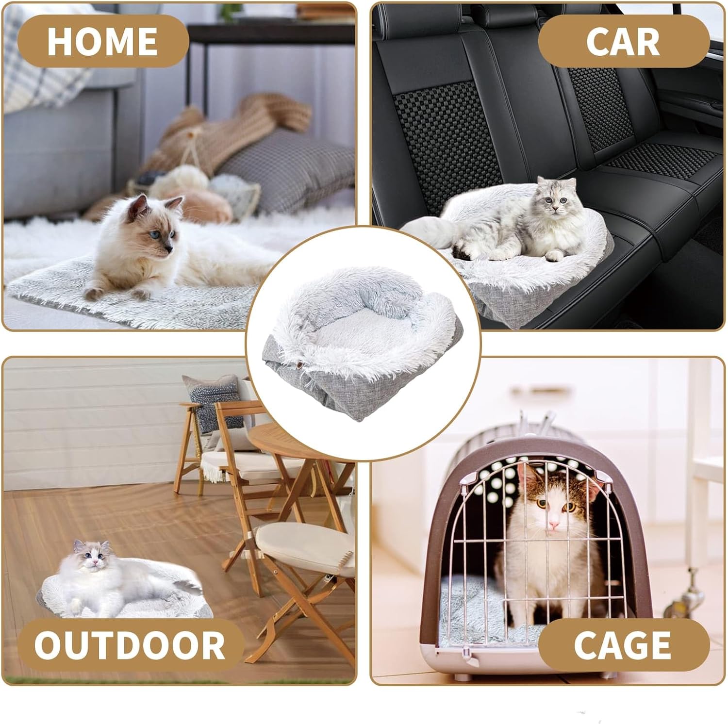 Thumbnail 6 de Self-Warming Cat and Dog Mat - Fluffy Plush Bed Nest with Foldable Heating Cushion (Gray, 61x51cm)