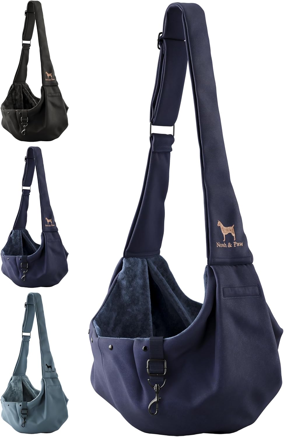Detalle de Noah & Paw dog sling carrier for small dogs (3–10 lb) with adjustable padded strap and double safety