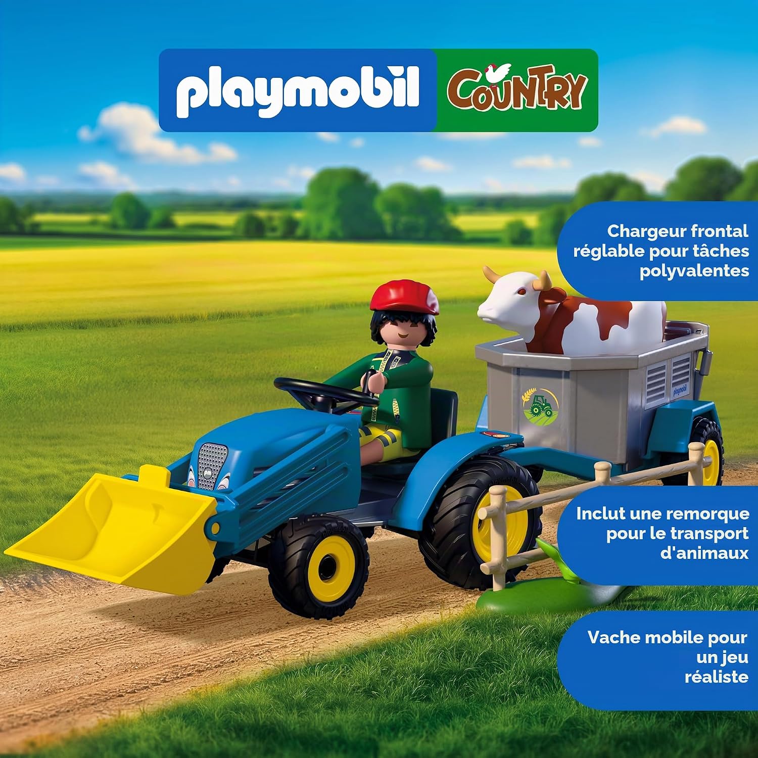 Detalle de Playmobil Country 72163 tractor met hooischudder, voorlader en koe