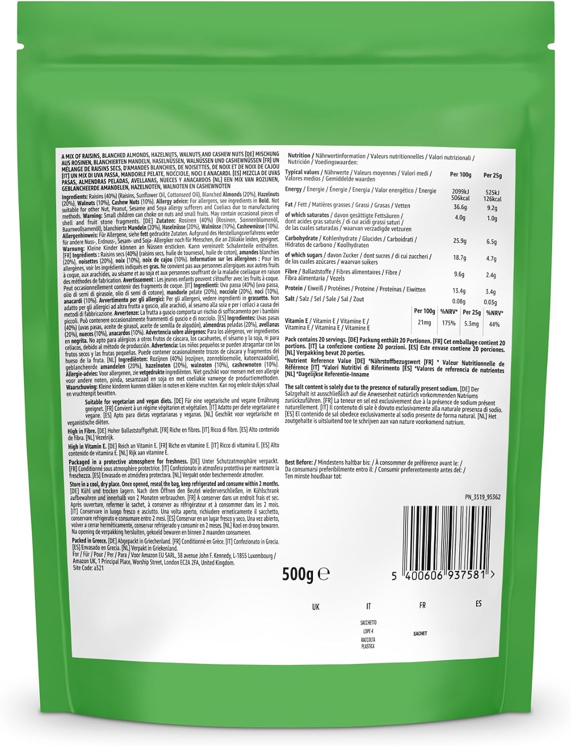Detalle 2 de Mélange de fruits à coque et de raisins secs — 500 g par Amazon