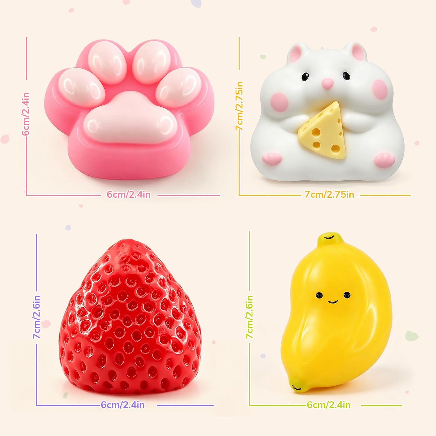 Thumbnail 2 de Taba Squishy Toys 4 Pack – Slow Rising Sensory Squishies for Stress Relief and Focus (Strawberry, Hamster, Cat Paw, Banana)